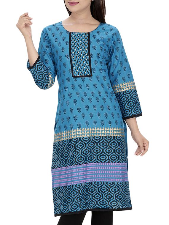 blue cotton straight kurta - 10474168 - Zoom Image - 1