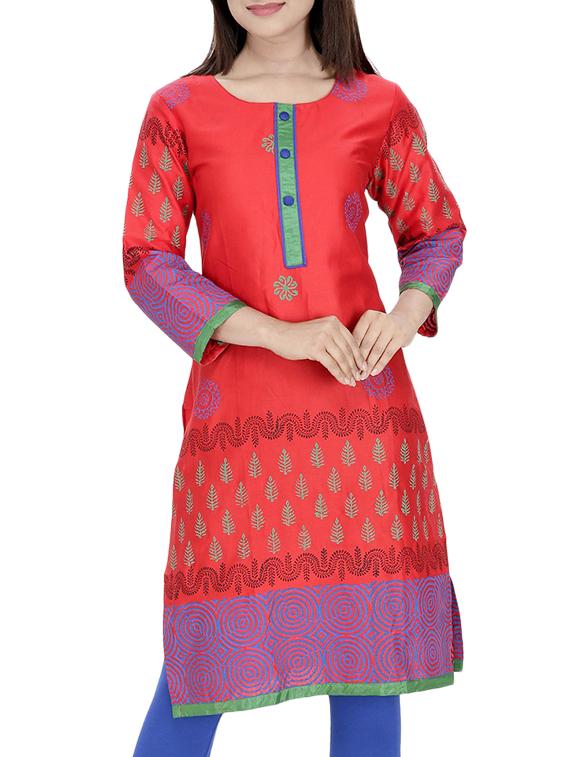 red cotton straight kurta - 10474183 - Zoom Image - 1