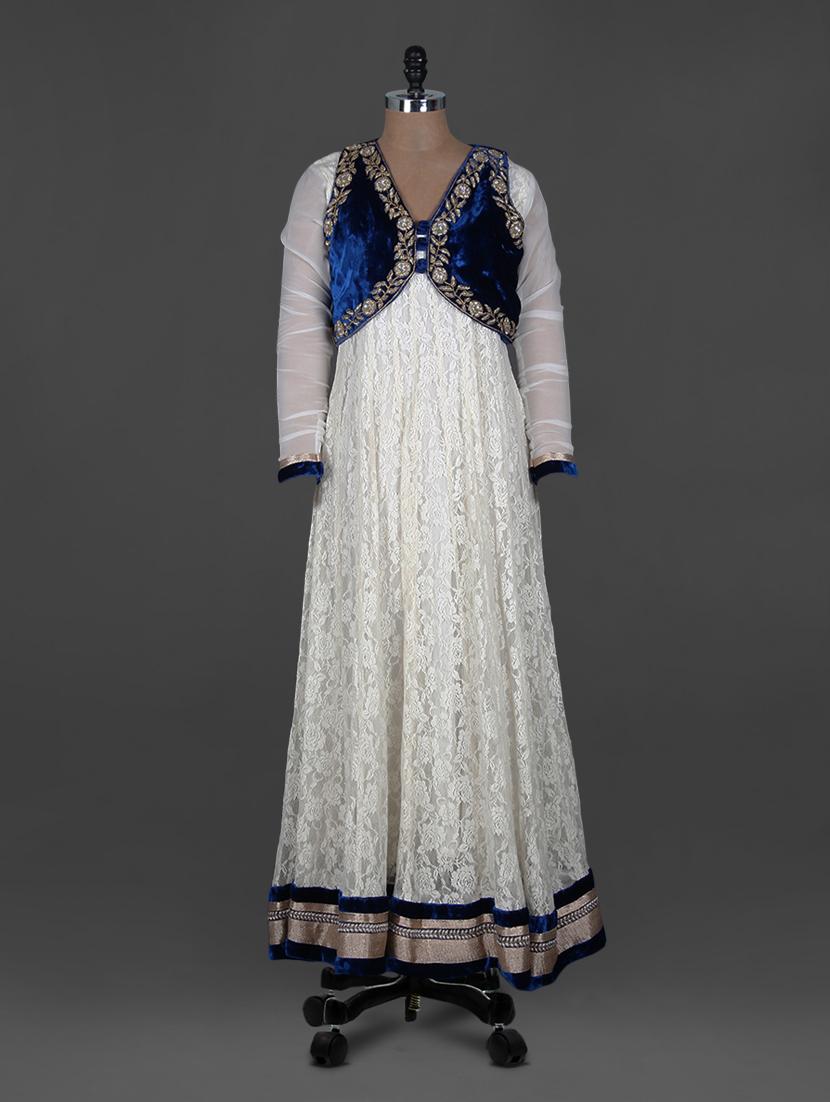 white net Anarkali kurta with embroidered velvet jacket