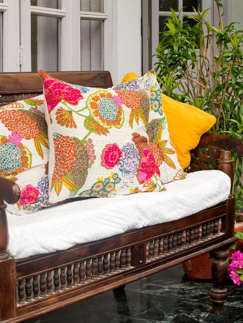 White Kantha Cushion Cover - 1052 - Very Small Image - 1