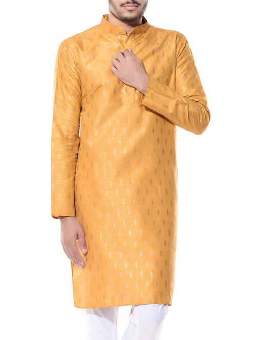 yellow dupion printed long kurta - 10551781 - Standard Image - 1