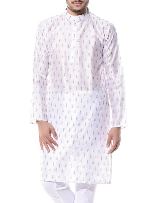 white dupion printed long kurta - 10551787 - Standard Image - 1