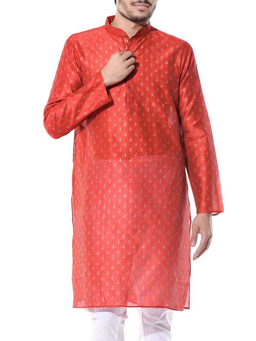 red dupion printed long kurta - 10551791 - Standard Image - 1