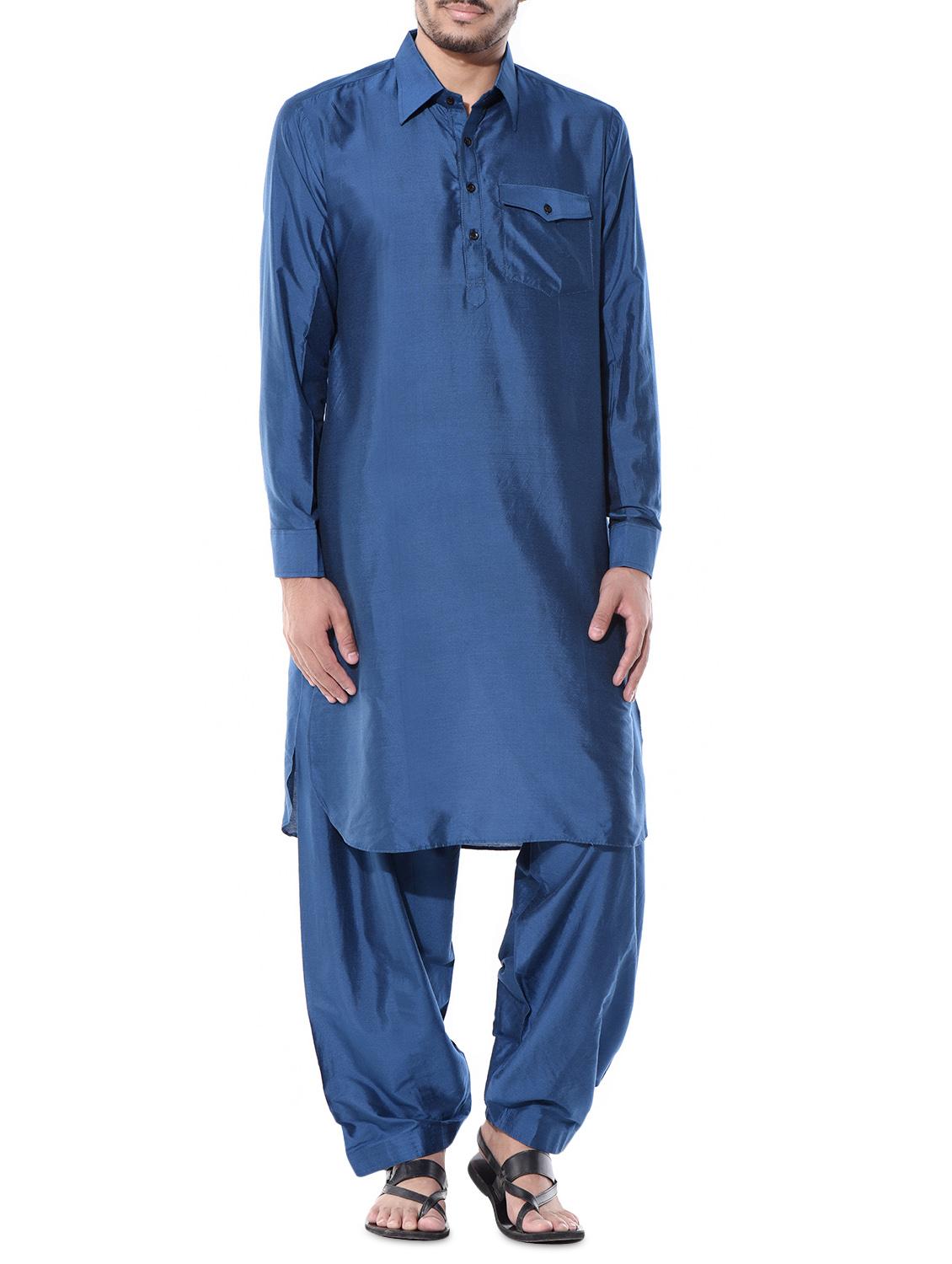 navy blue cotton silk pathani salwar set - 10551802 - Zoom Image - 1