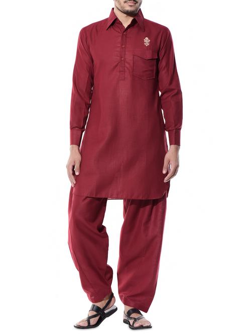 maroon cotton silk pathani set - 10551812 - Very Small Image - 1