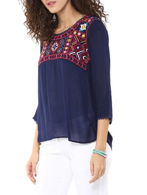 blue embroidered 3/4 sleeves rayon semi transparent top - 10574497 - Standard Image - 2