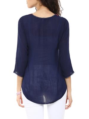 blue embroidered 3/4 sleeves rayon semi transparent top - 10574497 - Standard Image - 3