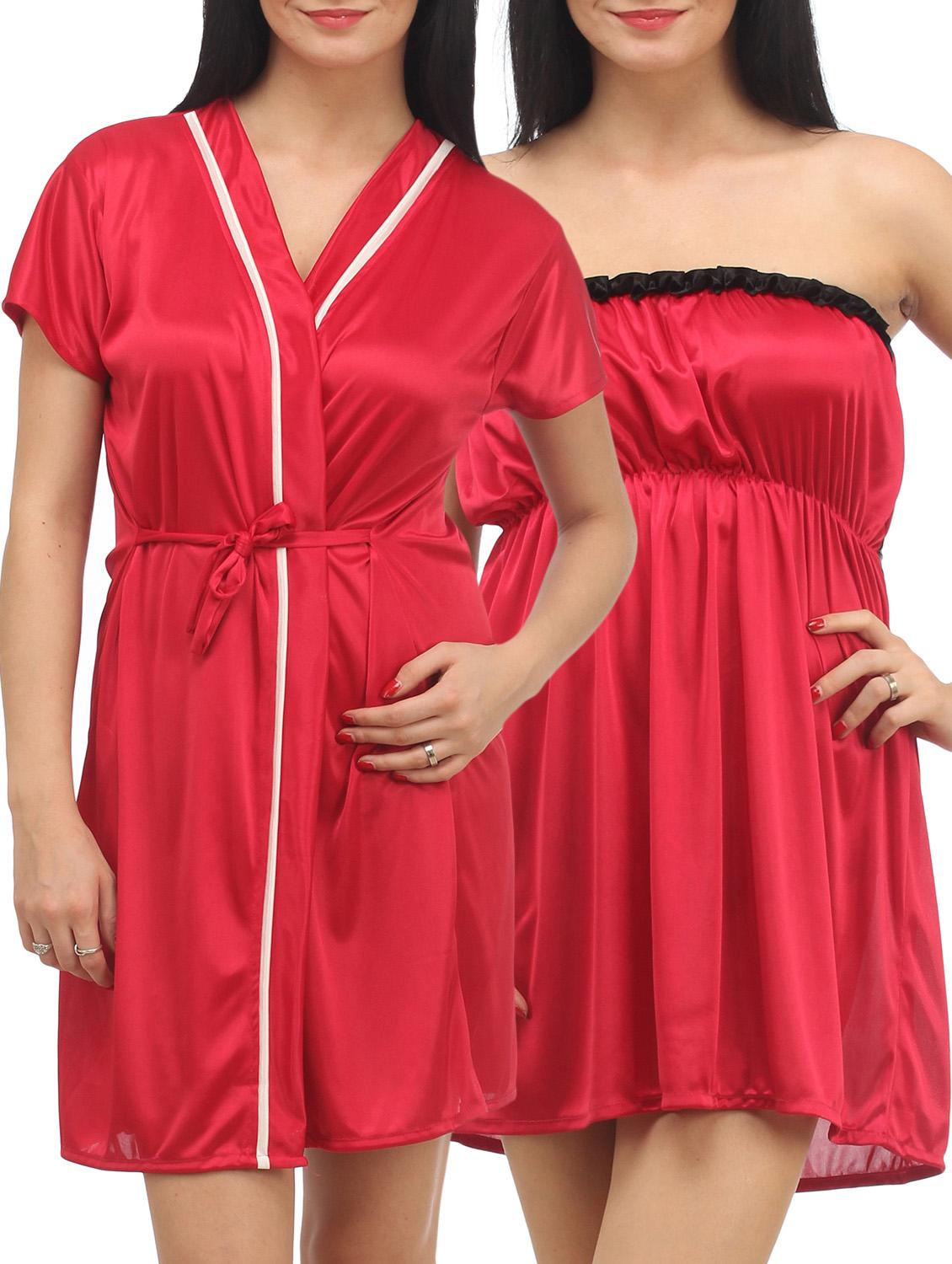 Red Plain Solid Satin Babydoll Nightwear Combo - 1058191 - Zoom Image - 1