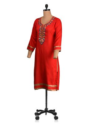 embroidered neck line rayon kurta - 1061389 - Standard Image - 2