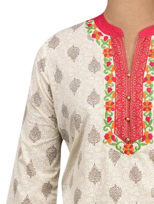 embroidery neck line printed cotton kurta - 1061391 - Standard Image - 4