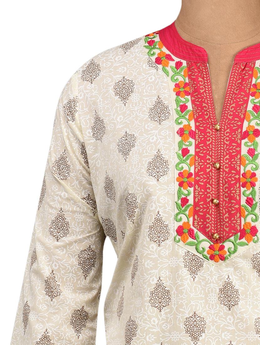 embroidery neck line printed cotton kurta - 1061391 - Zoom Image - 4