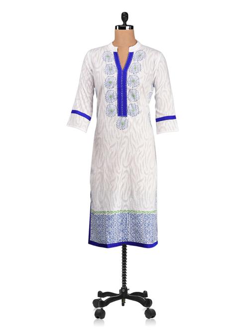 blue placket mandarin collar cotton kurta - 1061394 - Standard Image - 1