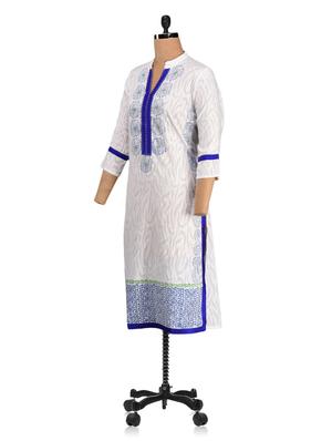 blue placket mandarin collar cotton kurta - 1061394 - Standard Image - 2