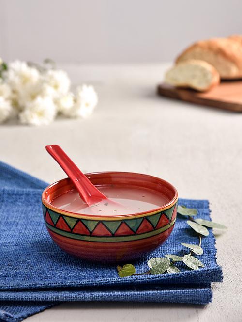 Red Ceramic Soup Bowls And Spoons (Set of 12) - 1062789 - Very Small Image - 1