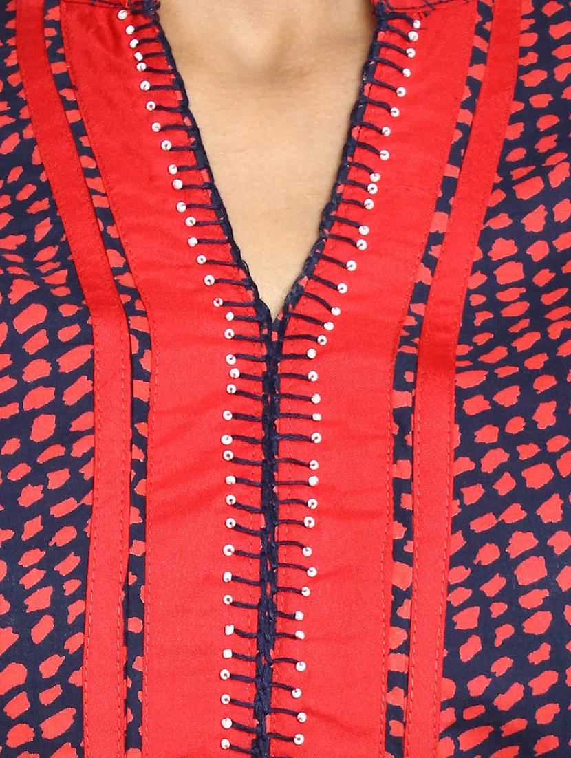red cotton a-line kurta - 10630964 - Zoom Image - 4
