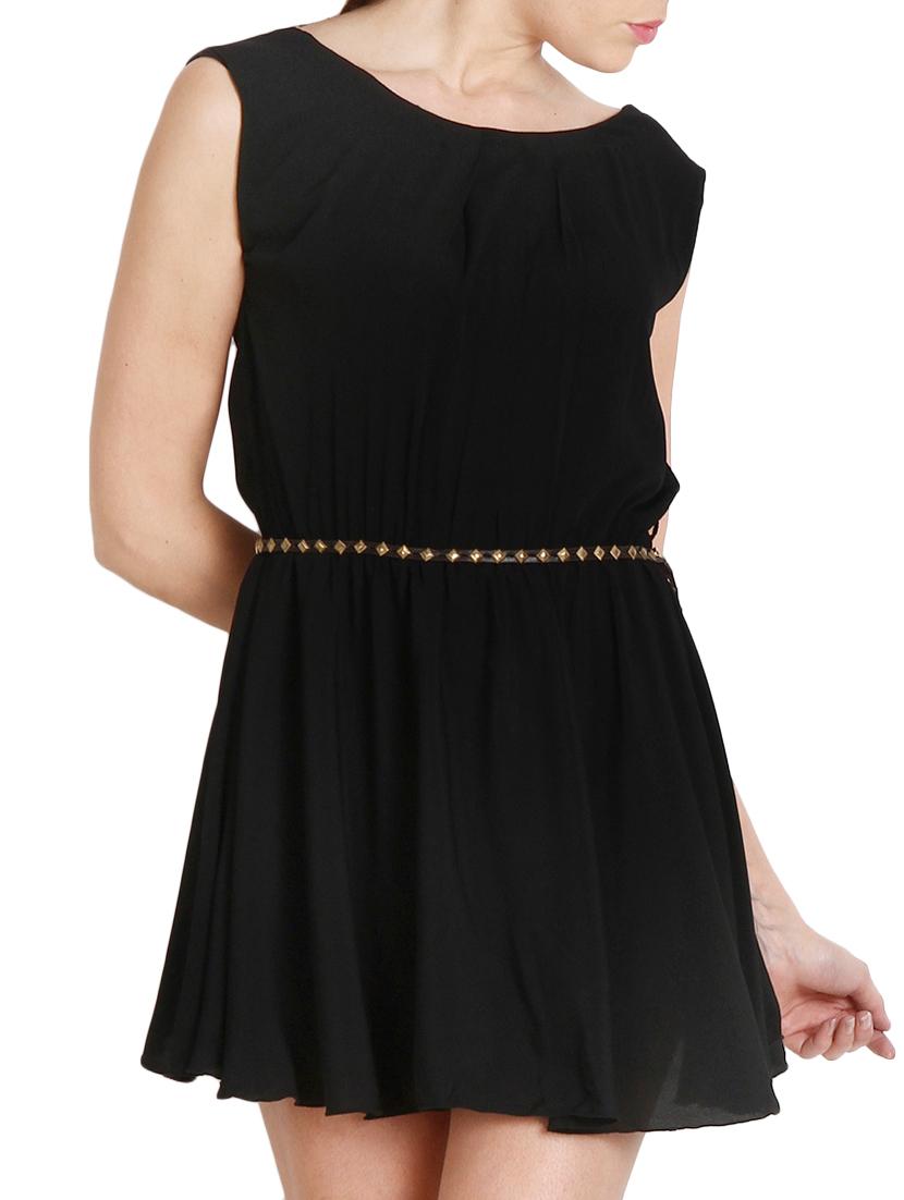 black crepe belted dress