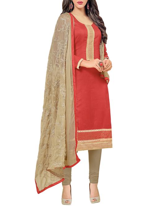 red chanderi unstitched suit - 10738301 - Standard Image - 1