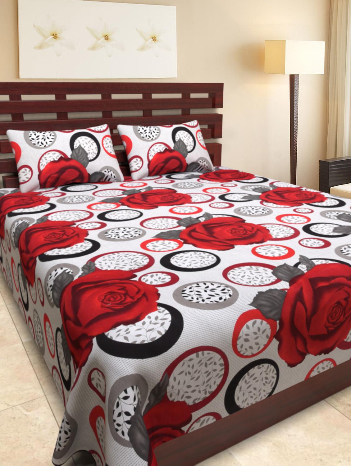 Red Rose print cotton bedsheet with pillow covers - 1076568 - Zoom Image - 1
