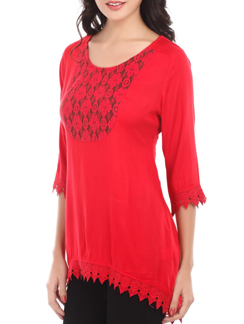 red lace yoke & hem viscose top - 1077950 - Zoom Image - 2