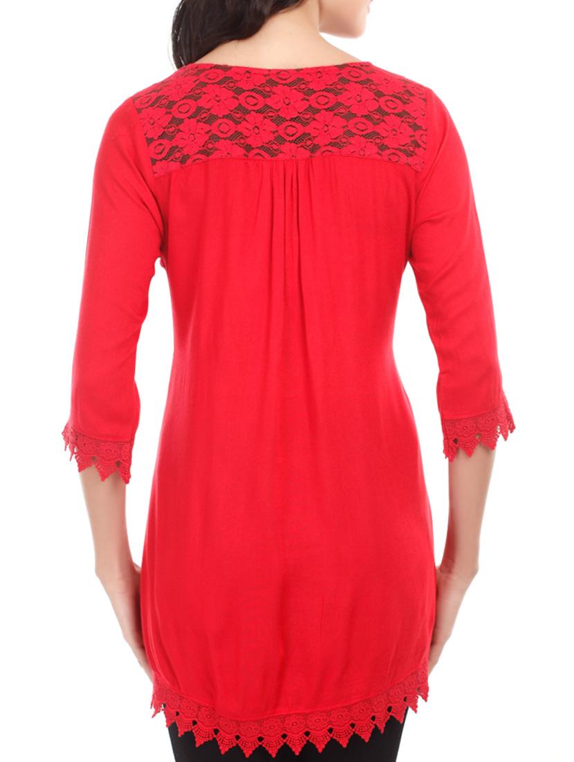 red lace yoke & hem viscose top - 1077950 - Zoom Image - 3