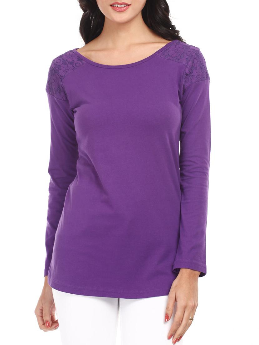 solid purple lace yoke cotton top - 1078010 - Zoom Image - 1