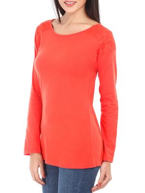 solid tangerine lace yoke cotton top - 1078011 - Standard Image - 2