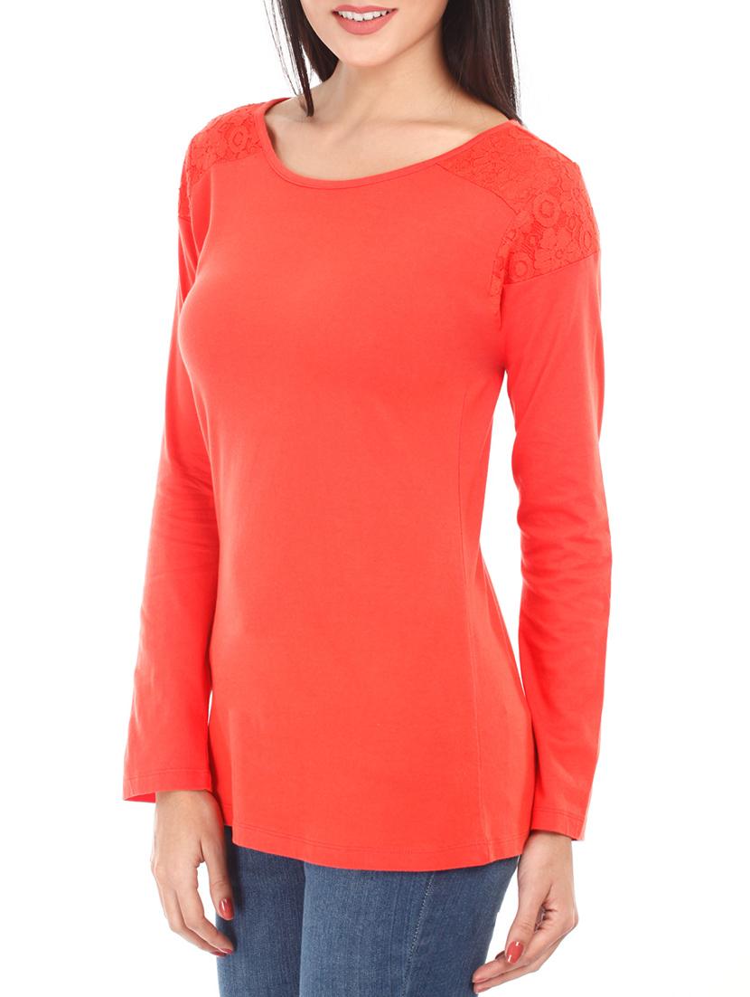 solid tangerine lace yoke cotton top - 1078011 - Zoom Image - 2