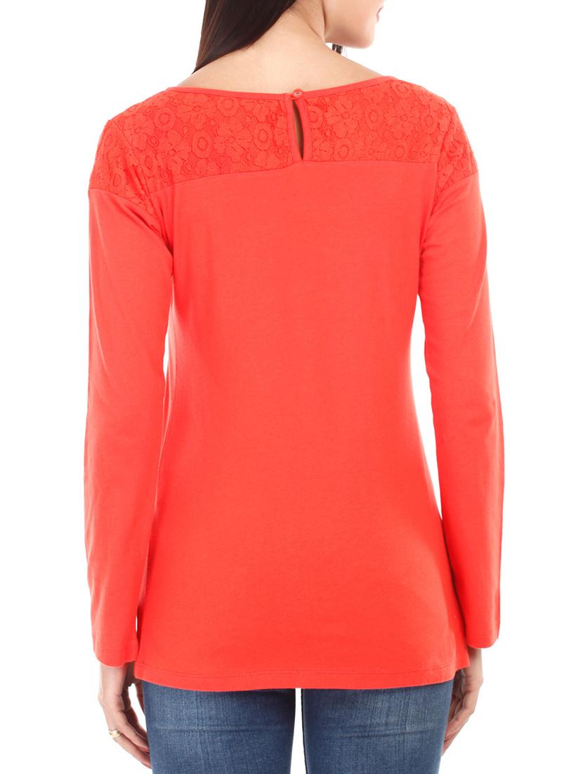 solid tangerine lace yoke cotton top - 1078011 - Zoom Image - 3