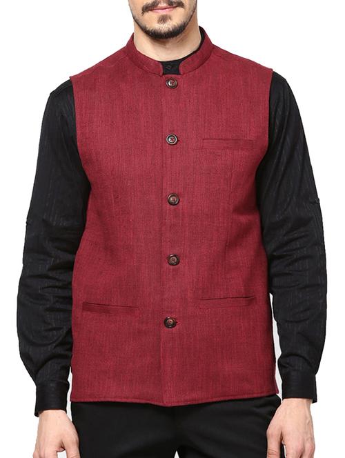 solid red jute nehru jacket - 10839823 - Standard Image - 1