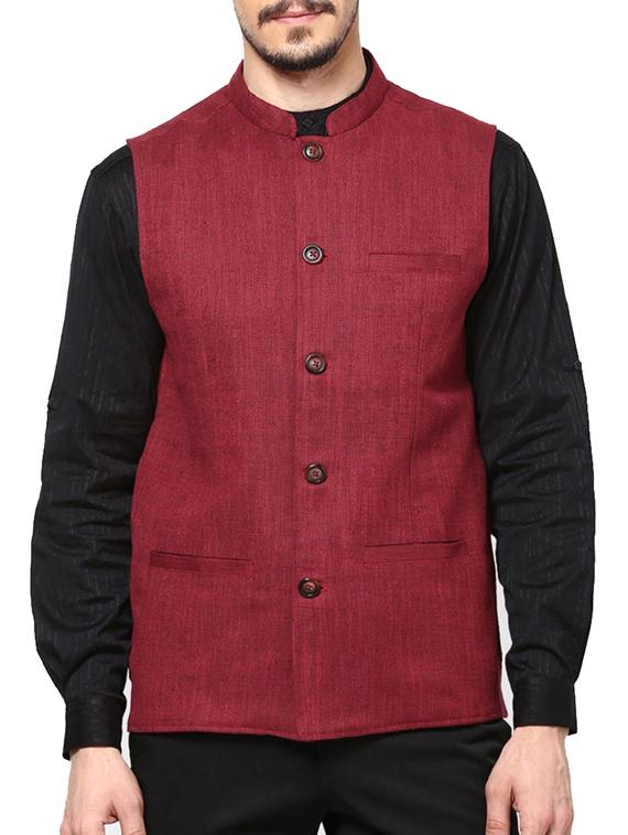 solid red jute nehru jacket - 10839823 - Zoom Image - 1
