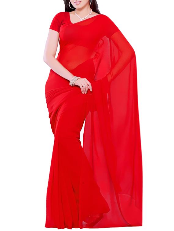 red georgette plain saree with blouse - 10884345 - Zoom Image - 1