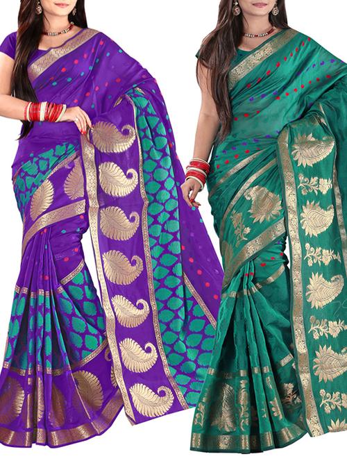 combo purple, turquoise cotton zari work saree - 10892137 - Standard Image - 1