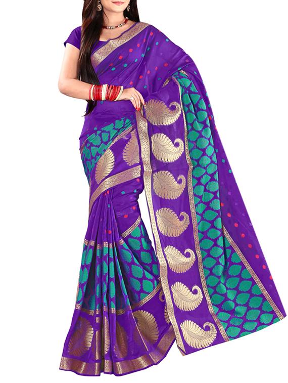 combo purple, turquoise cotton zari work saree - 10892137 - Zoom Image - 2
