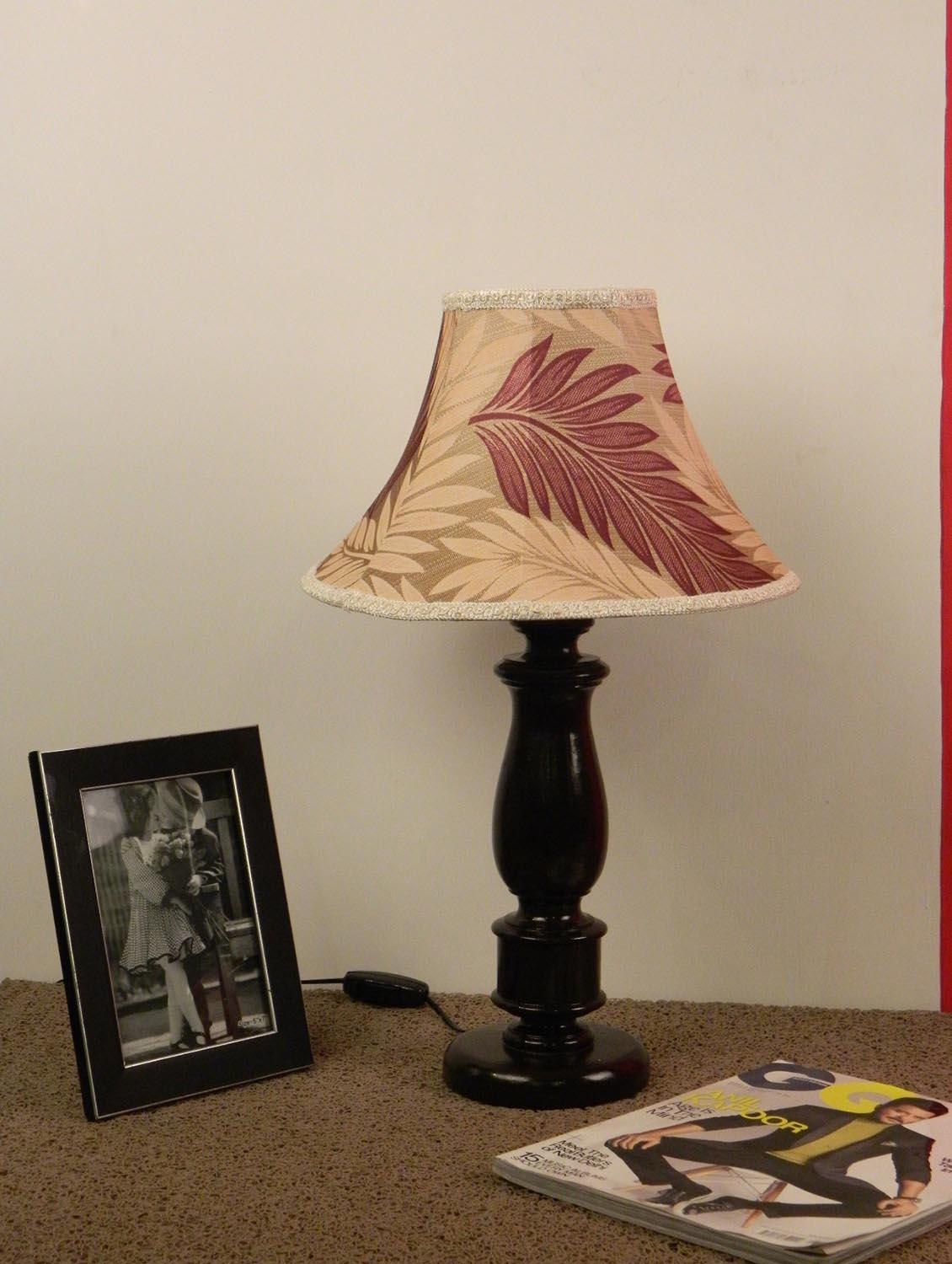 mango wood dark brown classic table lampwith poly silk shade--mroon off-wh'ite - 10896014 - Zoom Image - 1