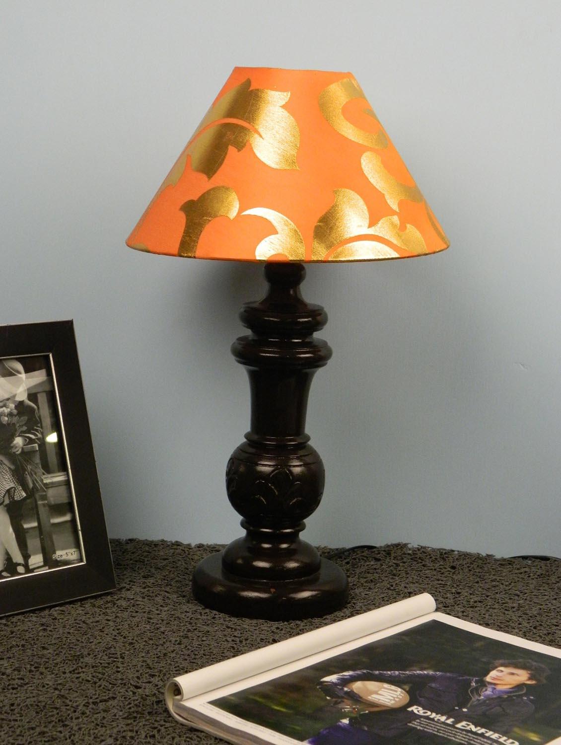 mango wood dark brown classy  table lampwith 10" pryamid shade-orange gold