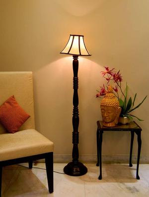 mango wood all time favourite dark brown floor lamp with stripe shade- - 10896927 - Standard Image - 2