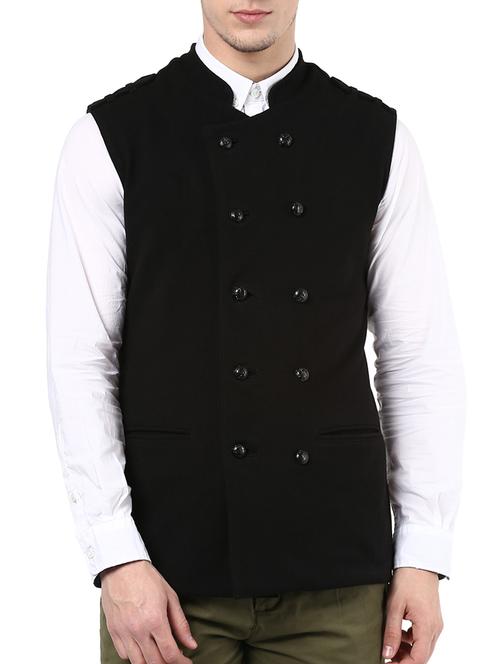 solid black cotton nehru jacket - 10910294 - Standard Image - 1