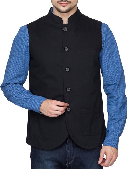 black cotton nehru jacket - 10910348 - Standard Image - 1