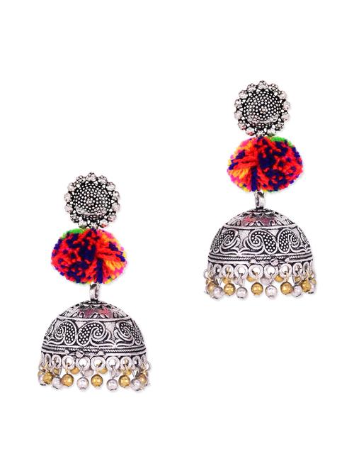 antique silver pom pom embellished jhumka earrings - 10922935 - Very Small Image - 1