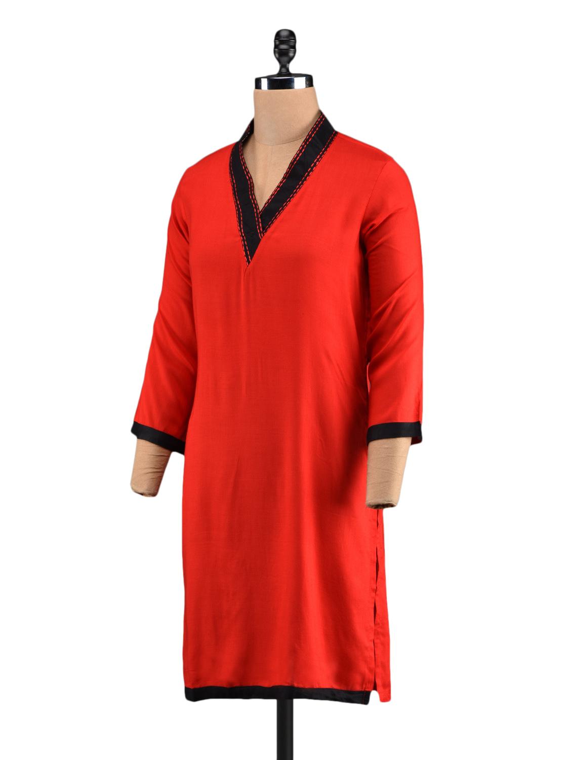 red with black tipping detailed rayon kurti - 1093838 - Zoom Image - 2