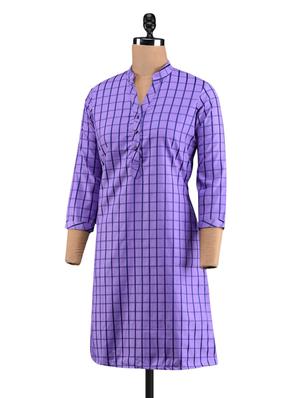 purple checks mandarin collar kurta - 1093844 - Standard Image - 2