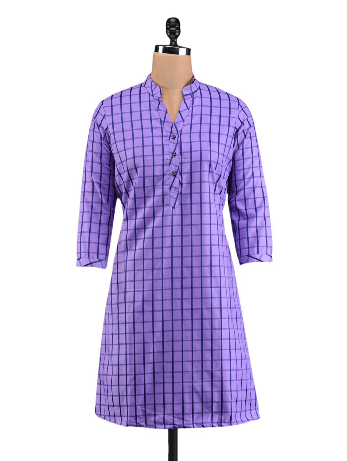 purple checks mandarin collar kurta - 1093844 - Zoom Image - 1