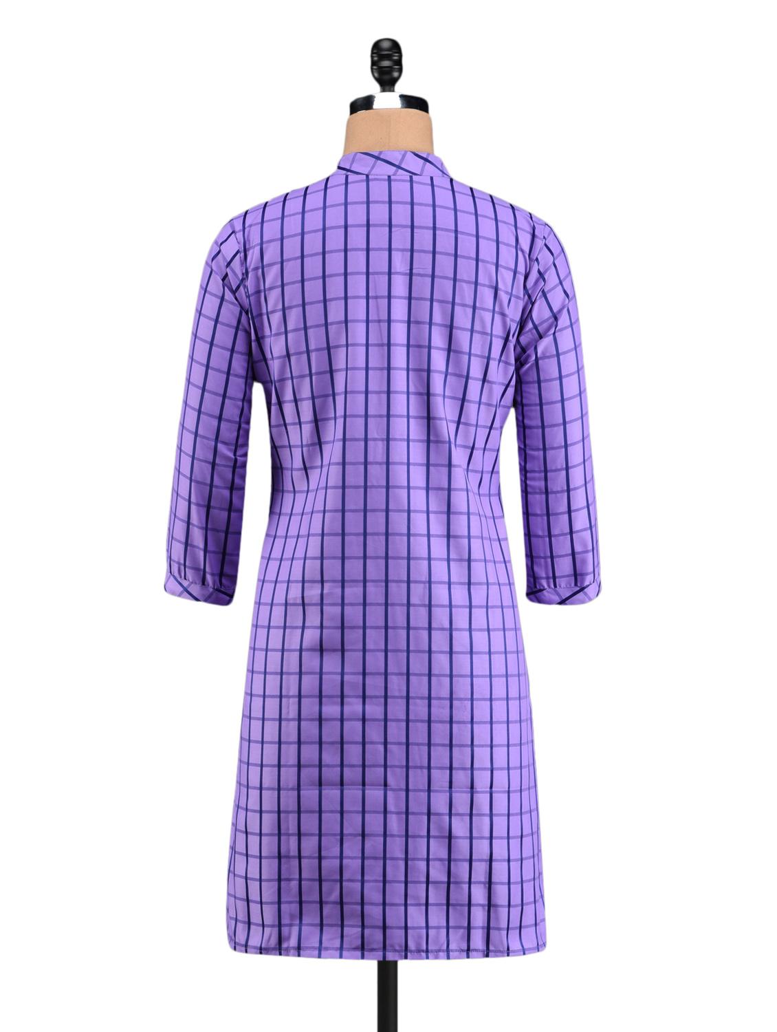 purple checks mandarin collar kurta - 1093844 - Zoom Image - 3