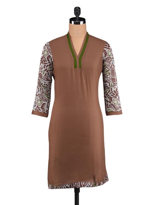printed sleeves brown cotton kurti - 1093856 - Standard Image - 1