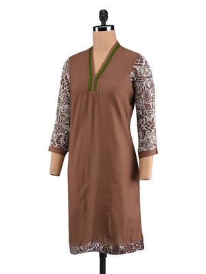 printed sleeves brown cotton kurti - 1093856 - Standard Image - 2