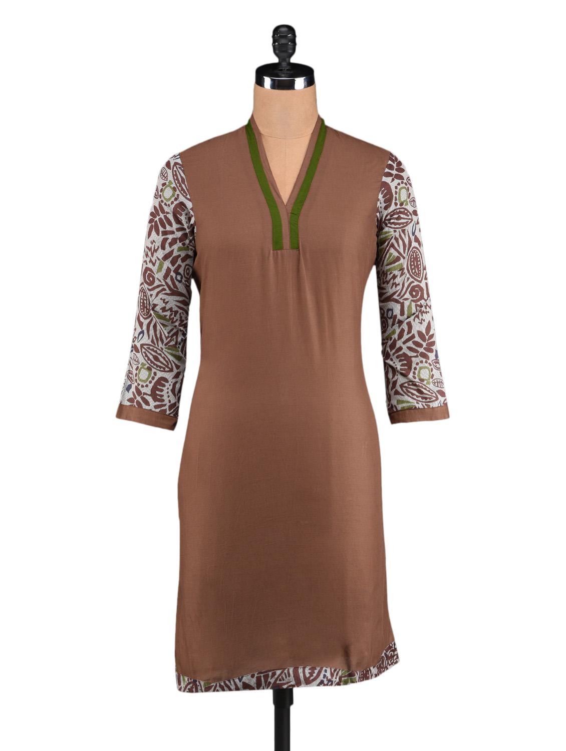 printed sleeves brown cotton kurti - 1093856 - Zoom Image - 1