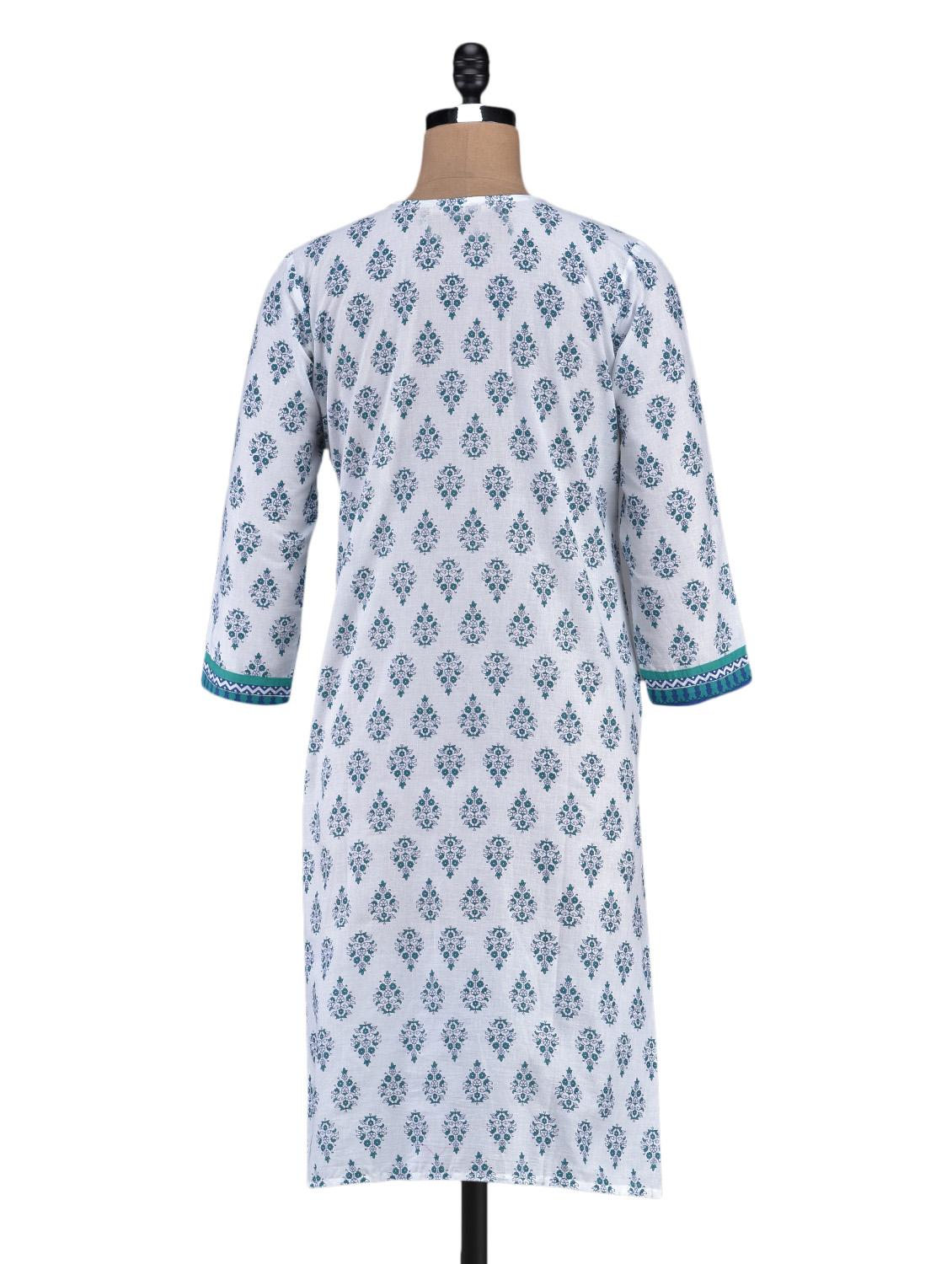 quarter sleeve block printed cotton kurta - 1094169 - Zoom Image - 3