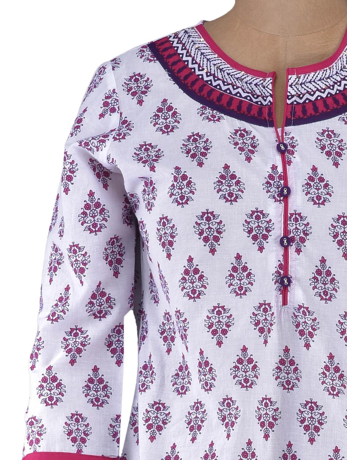 block printed quarter sleeve cotton kurta - 1094170 - Zoom Image - 4