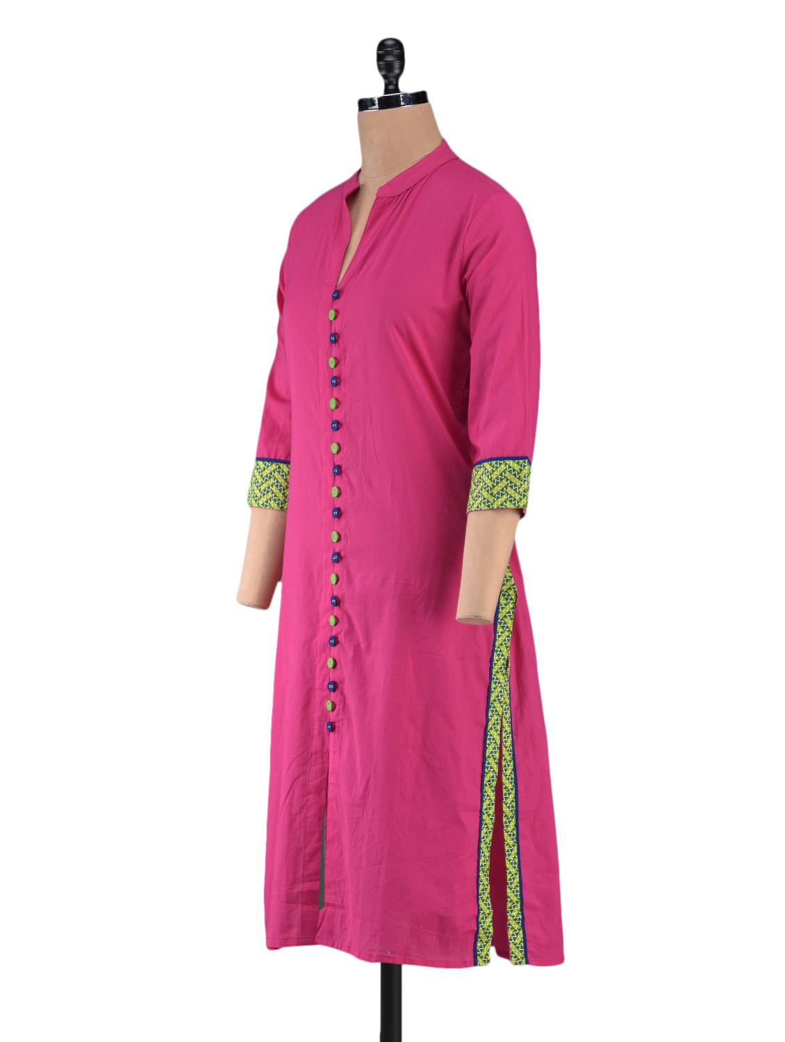 mandarin collar front buttons cotton kurta - 1094174 - Zoom Image - 2