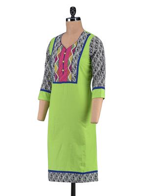 printed quarter sleeves green cotton kurta - 1094182 - Standard Image - 2